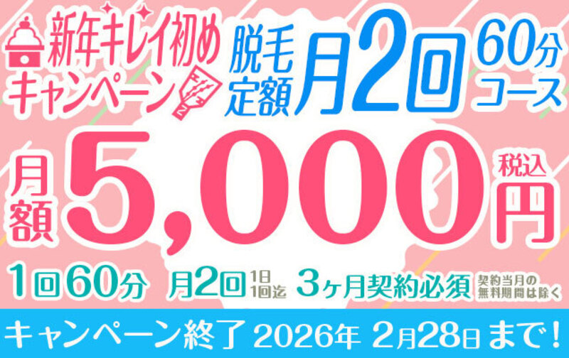 【新年キレイ初めキャンペーン】脱毛定額「月2回60分コース」
