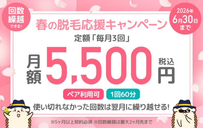 【春の脱毛応援キャンペーン】回数繰越できる！定額「毎月3回」（1回60分）　月額5,500円　※5か月以上契約必須　ペア利用可