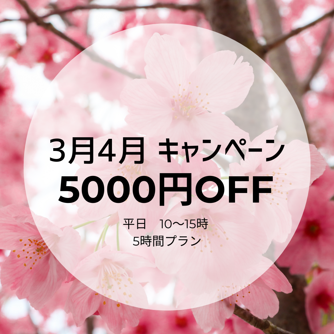 【平日🌞10～15時 】5時間プラン5000円OFF🤗　　　　　　　　🌸3月4月キャンペーン🌸