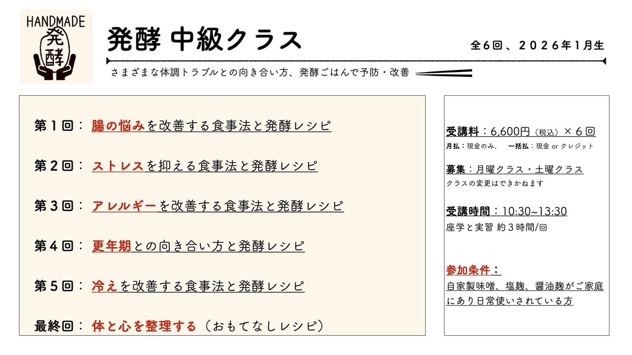 発酵 中級 クラス2026年1月生