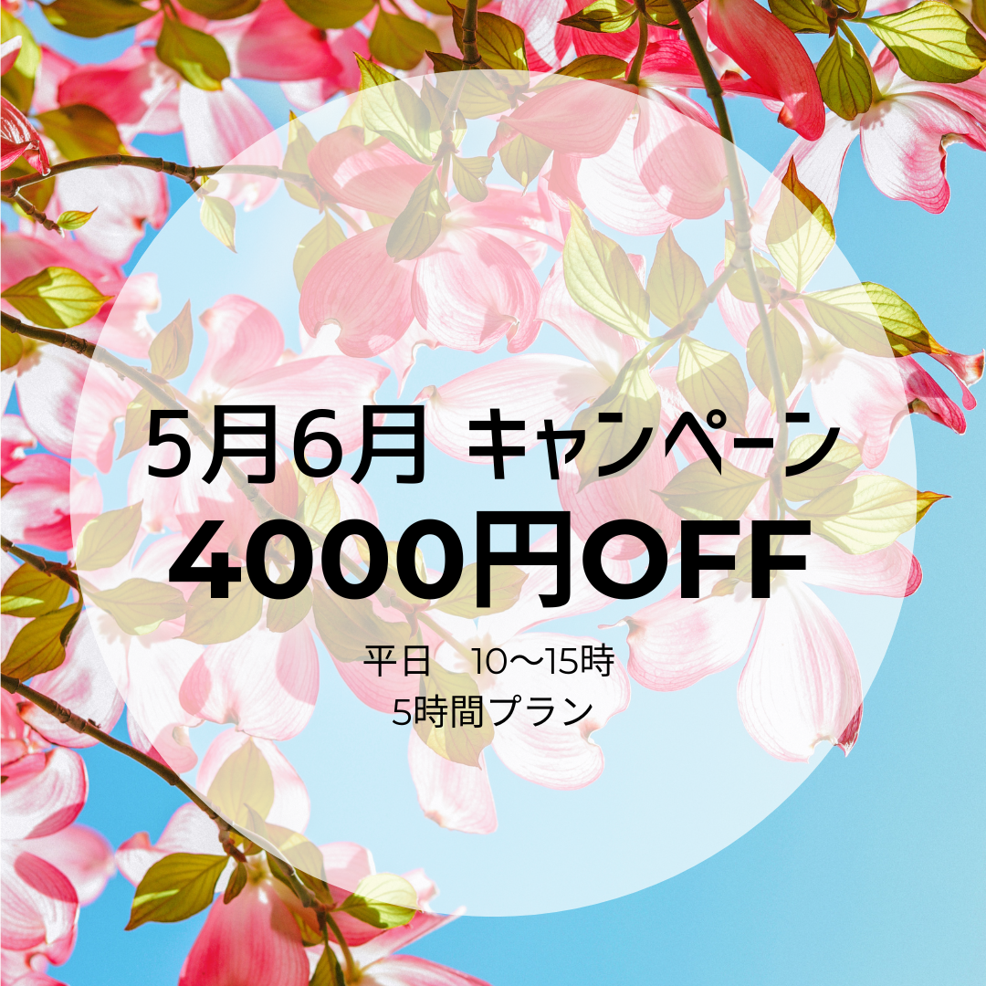【平日🌞10～15時 】5時間プラン4000円OFF🤗　　　　　　　　🍀5月6月キャンペーン🍀