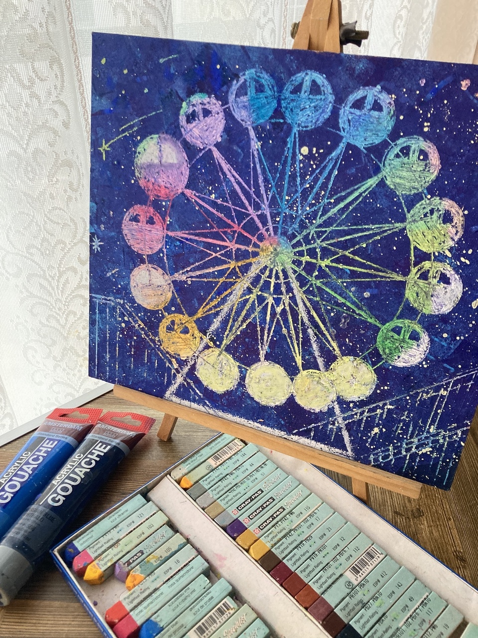 [つくばみどりの教室・冬講座] アクリル絵の具とクレパスで夢の観覧車を描こう