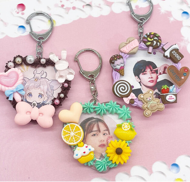 フォトインキーホルダー円形推し活ブルーホイップデコキーホルダー