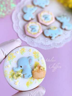 赤ちゃんゾウさんとミモザアイシングクッキーレッスン＜緑橋教室＞