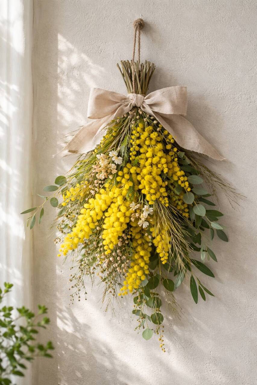 春を感じるミモザのスワッグ