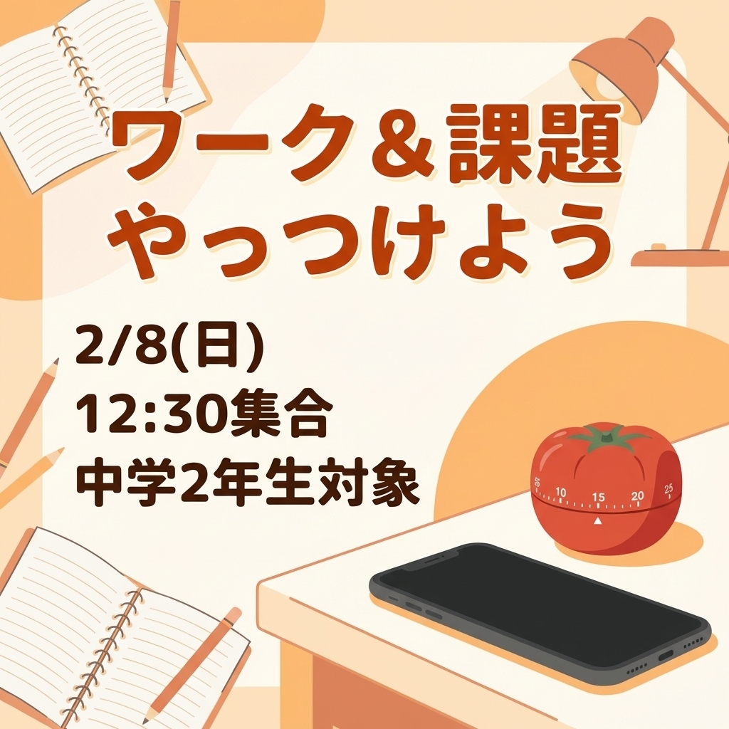 ２／８（日）中２生対象「ワーク・課題やっつけよう」申込フォーム