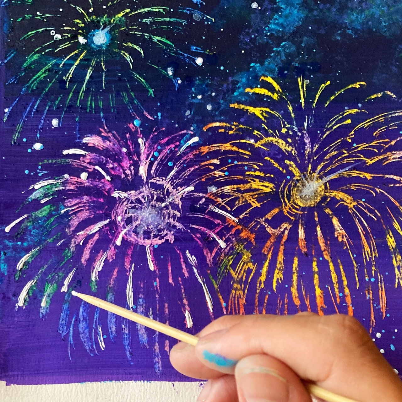 [夏休み特別講座@市民ホールやたべ] アクリル絵の具とクレパスで打ち上げ花火を描こう 