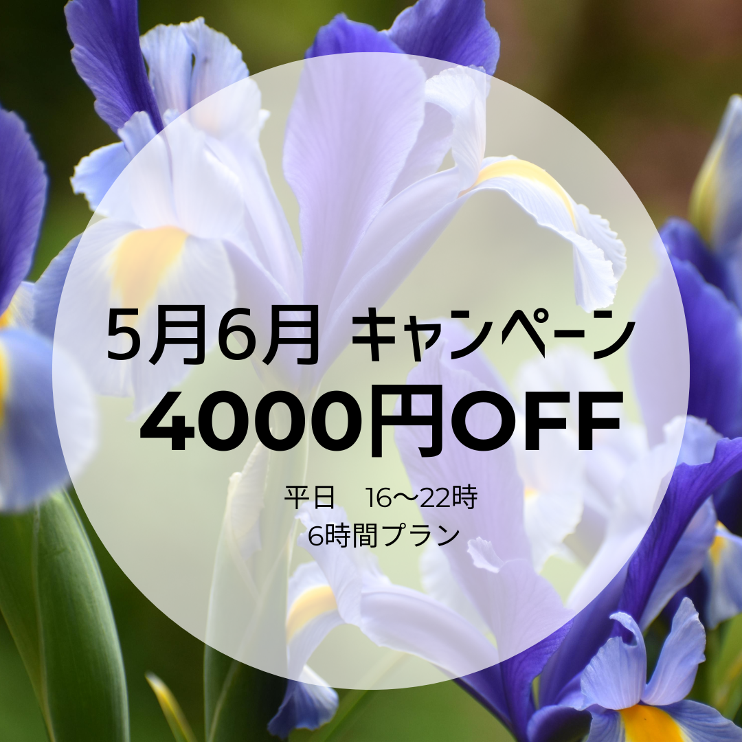 【平日🌞16～22時 】6時間プラン4000円OFF🤗　　　　　　　　🍀5月6月キャンペーン🍀