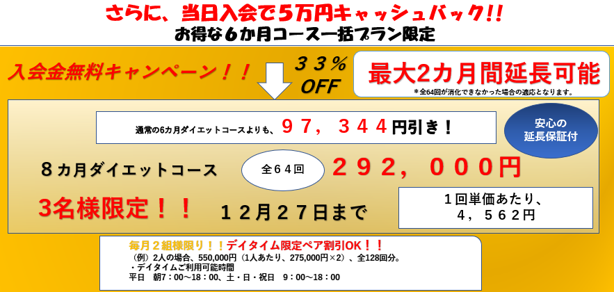 パーソナルトレーニング全64回292,000円（1回単価4,562円）有効期限1年間